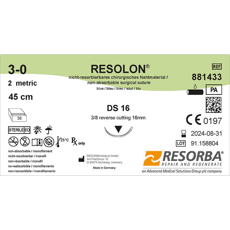 Резолон USP3-0 синій, довжина 45см, зворотньо-ріжуча голка 16мм, 3/8 кола